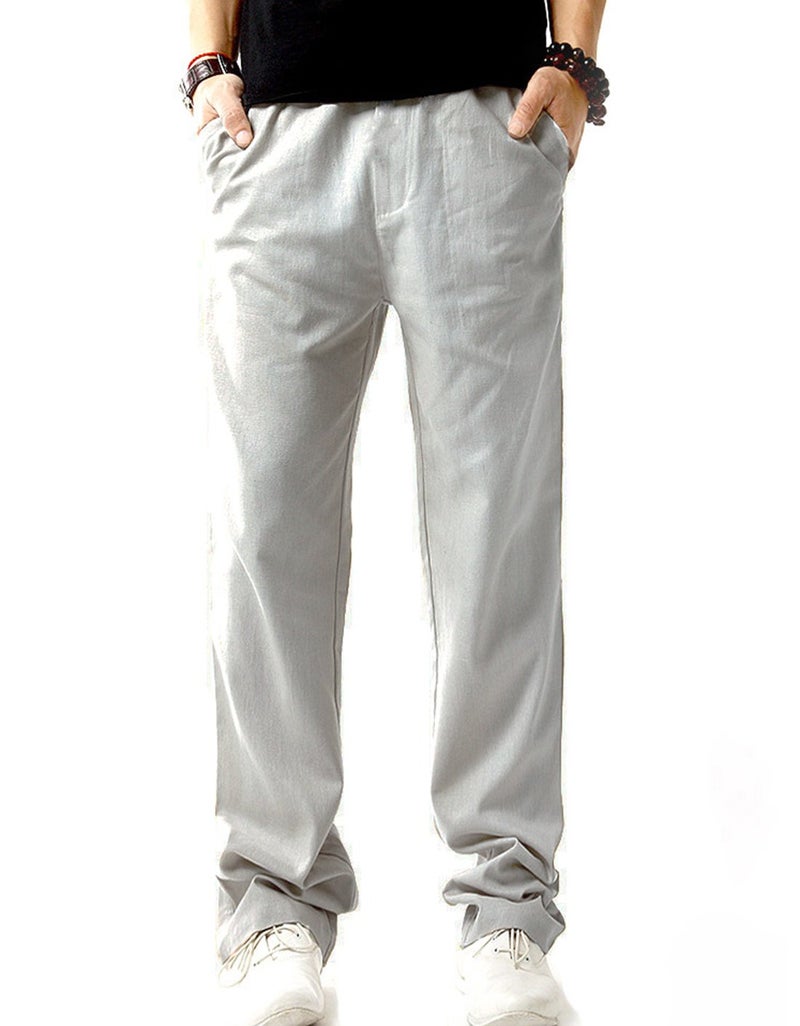 SIR7 Men's Linen Casual Lightweight Drawstrintg Elastic Waist Summer Beach Pants Light Grey 2L - Image 2